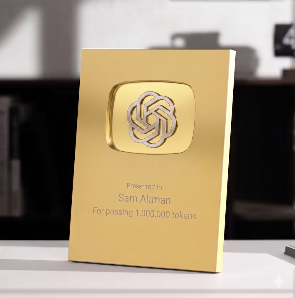Custom gold commemorative award for AI milestones on desk